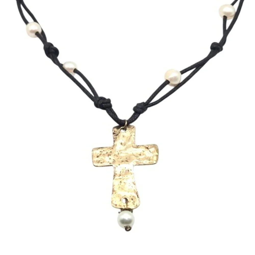 Handmade Hammered Cross Necklace w/ Freshwater Pearls on Cord 18